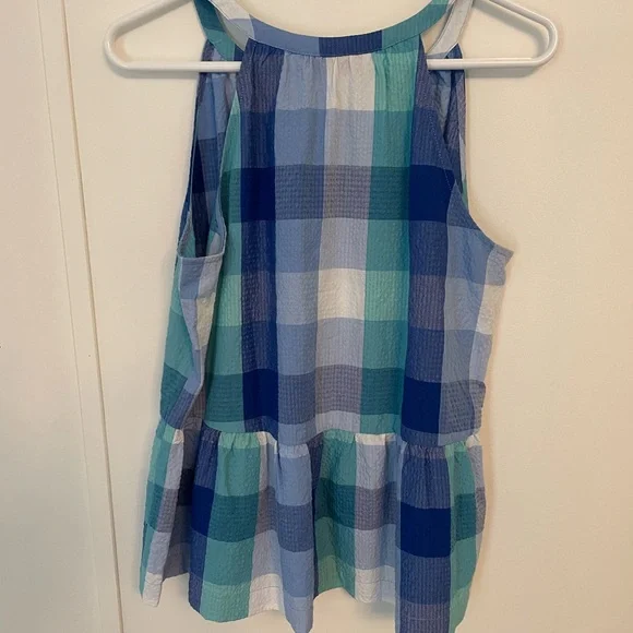 LOFT Multicolor Shades of Blue Checkered Peplum Tank Top Tie Detail - Picture 5 of 6